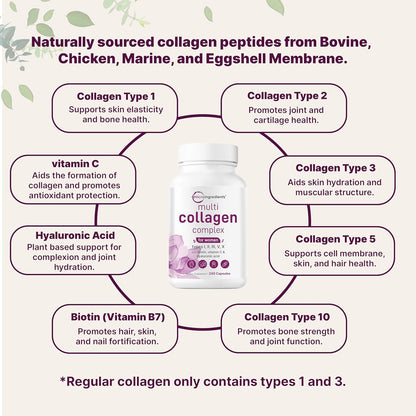 Multi Collagen Pills for Women & Men, 240 Capsules | Hydrolyzed Collagen with Biotin, Hyaluronic Acid & Vitamin C | Hair, Skin, Nail & Joint Support