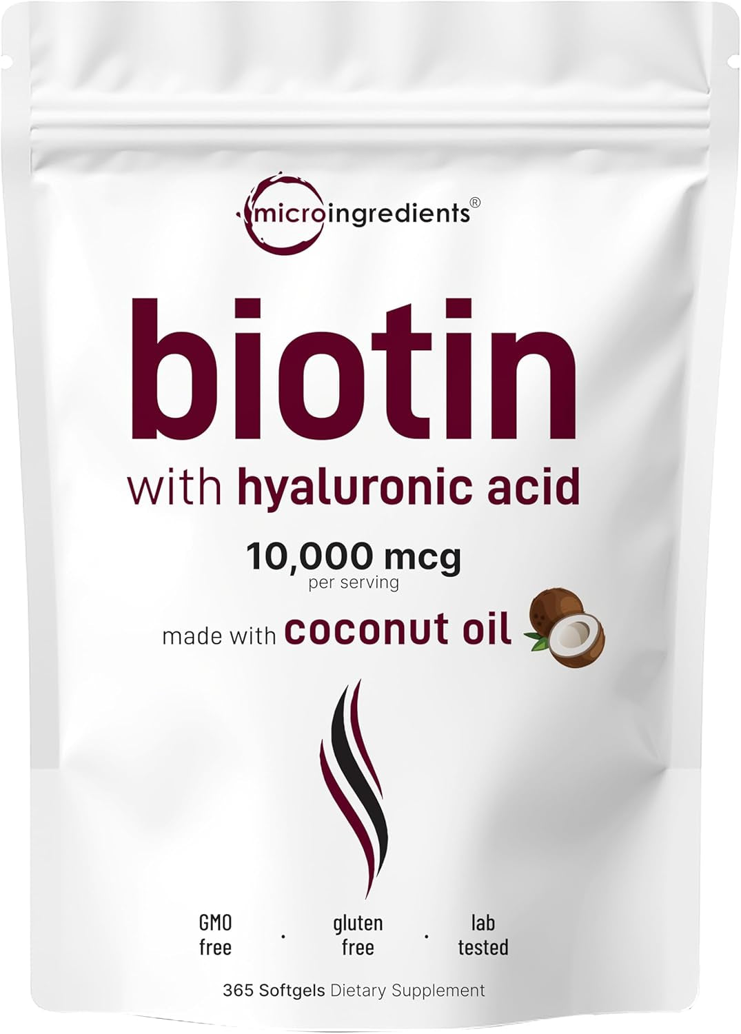 Biotin W/Hyaluronic Acid 25Mg | Virgin Coconut Oil Softgels,One Year Supply, Supports Healthy Hair, Skin & Nails, Non-Gmo & No Gluten