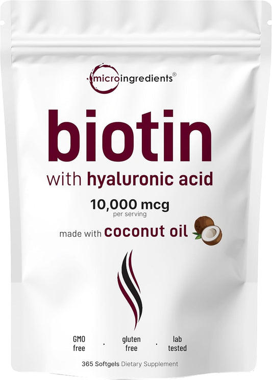 Biotin W/Hyaluronic Acid 25Mg | Virgin Coconut Oil Softgels,One Year Supply, Supports Healthy Hair, Skin & Nails, Non-Gmo & No Gluten