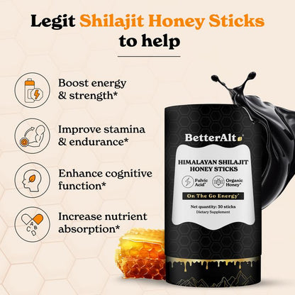 Betteralt GOLD+ Shilajit Honey Sticks | Lab-Tested | Helps Improve Energy & Stamina | 30 Shilajit Honey Packs | Dietary Supplement Healthcare Vitamin