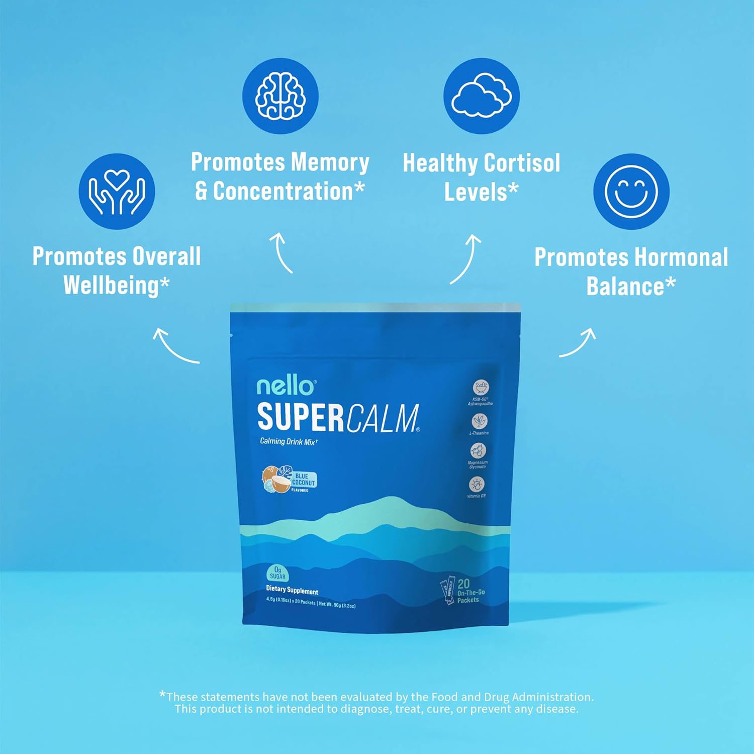 Supercalm Drink Mix, Blue Coconut, Ashwagandha, Magnesium Glycinate, Vitamin D 3, Supplements for Relaxation & Focus, No Sugar, Non GMO, Vegan, on the Go, 20 Srvgs