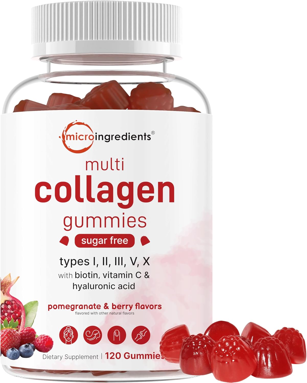 Multi Collagen Peptides, 120 Collagen Gummies |Protein with Biotin, Hyaluronic Acid, & Vitamin C Complex | Pomegranate & Berry Flavored | Sugar Free, Non-Gmo