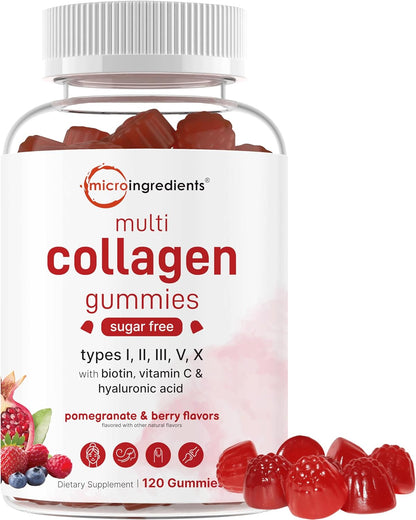 Multi Collagen Peptides, 120 Collagen Gummies |Protein with Biotin, Hyaluronic Acid, & Vitamin C Complex | Pomegranate & Berry Flavored | Sugar Free, Non-Gmo