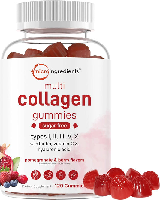 Multi Collagen Peptides, 120 Collagen Gummies |Protein with Biotin, Hyaluronic Acid, & Vitamin C Complex | Pomegranate & Berry Flavored | Sugar Free, Non-Gmo