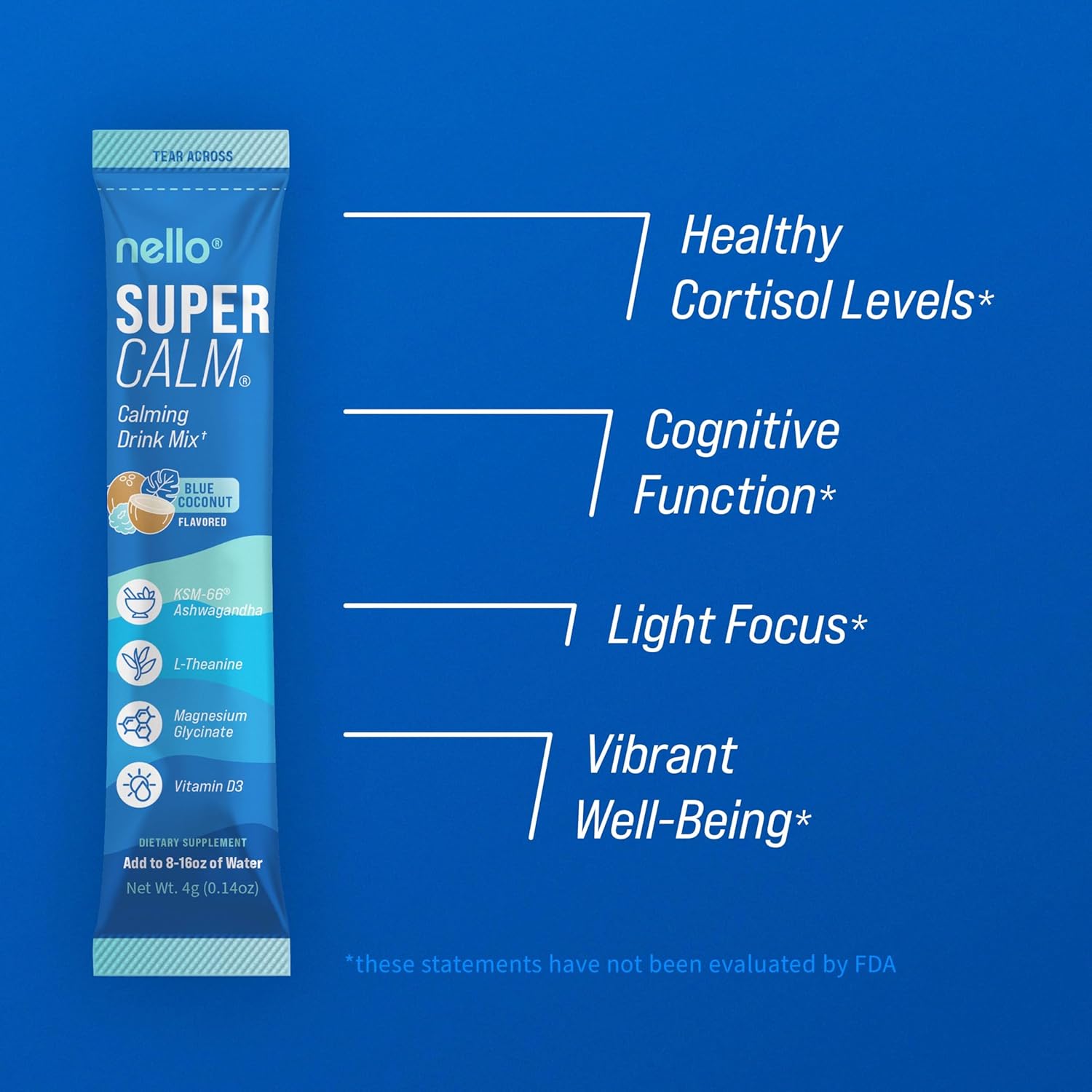 Supercalm Drink Mix, Blue Coconut, Ashwagandha, Magnesium Glycinate, Vitamin D 3, Supplements for Relaxation & Focus, No Sugar, Non GMO, Vegan, on the Go, 20 Srvgs