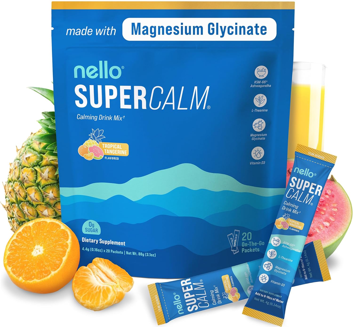 Supercalm Drink Mix, Tropical Tangerine,  Ashwagandha, Magnesium Glycinate, Vitamin D 3, Supplements for Relaxation & Focus, Natural, No Sugar, Non GMO, Vegan, 20 Srvg