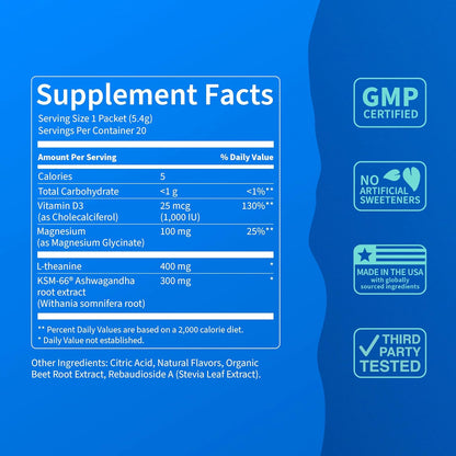 Supercalm Drink Mix, Raspberry Lemonade,Ashwagandha, Magnesium Glycinate, Vitamin D 3, Supplements for Relaxation & Focus, No Sugar, Non GMO, on the Go, 20 Ct