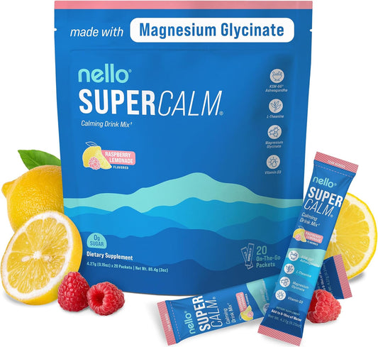 Supercalm Drink Mix, Raspberry Lemonade,Ashwagandha, Magnesium Glycinate, Vitamin D 3, Supplements for Relaxation & Focus, No Sugar, Non GMO, on the Go, 20 Ct