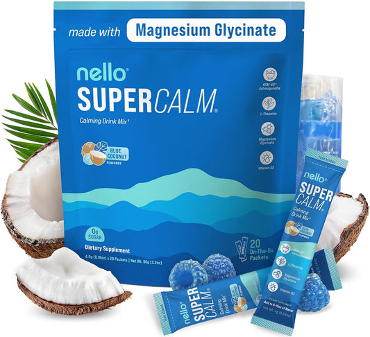 Supercalm Drink Mix, Blue Coconut, Ashwagandha, Magnesium Glycinate, Vitamin D 3, Supplements for Relaxation & Focus, No Sugar, Non GMO, Vegan, on the Go, 20 Srvgs