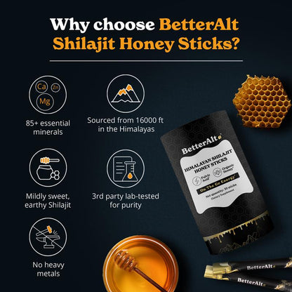 Betteralt GOLD+ Shilajit Honey Sticks | Lab-Tested | Helps Improve Energy & Stamina | 30 Shilajit Honey Packs | Dietary Supplement Healthcare Vitamin