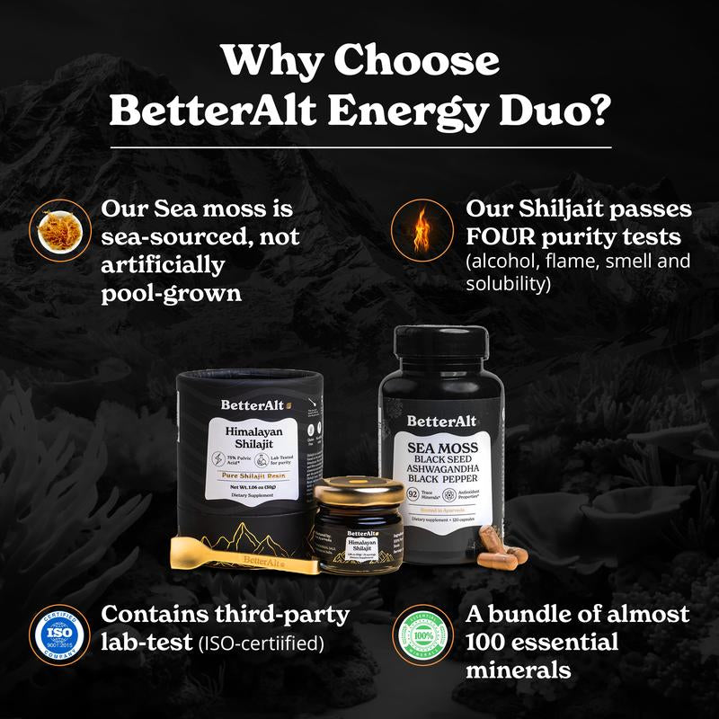 Betteralt Ultimate Energy Duo | Lab-Tested | Himalayan Shilajit | 75 Servings | Irish Sea Moss | 60 Servings | Helps Improve Energy & Immunity